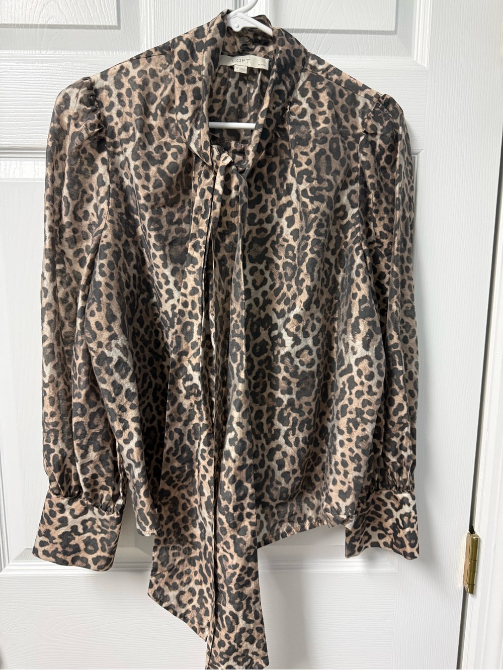 LOFT Leopard-Print Tie-Neck Blouse in Taupe and Black